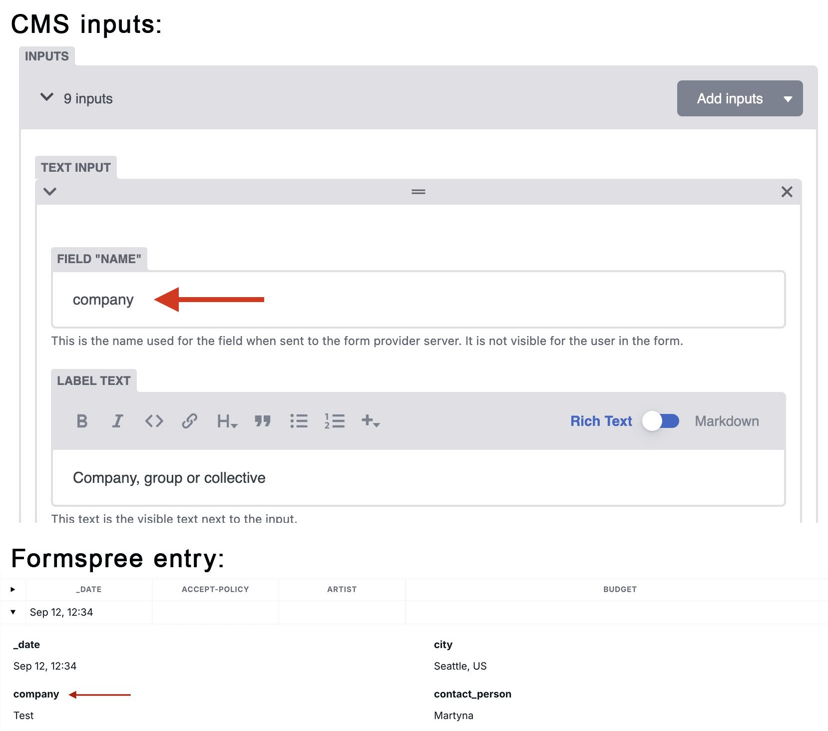 Inputs Formspree